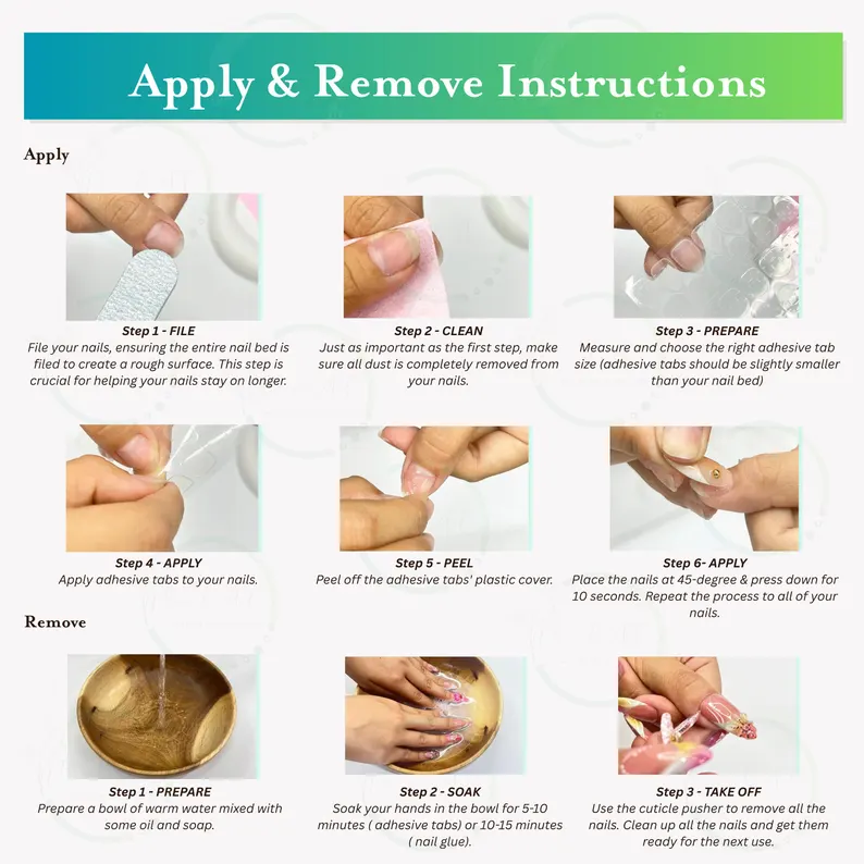 Apply and remove press-on nails: 6 application steps and 3 soaking and removal steps