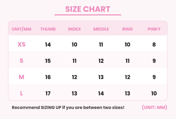Press-on nail size chart in mm: XS 14 10 11 10 8; S 15 11 12 11 9; M 16 12 13 12 9; L 17 13 14 13 10